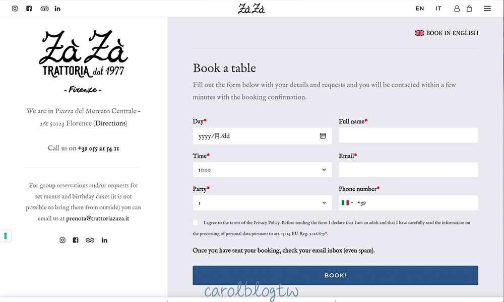 Trattoria Zà Zà 預約