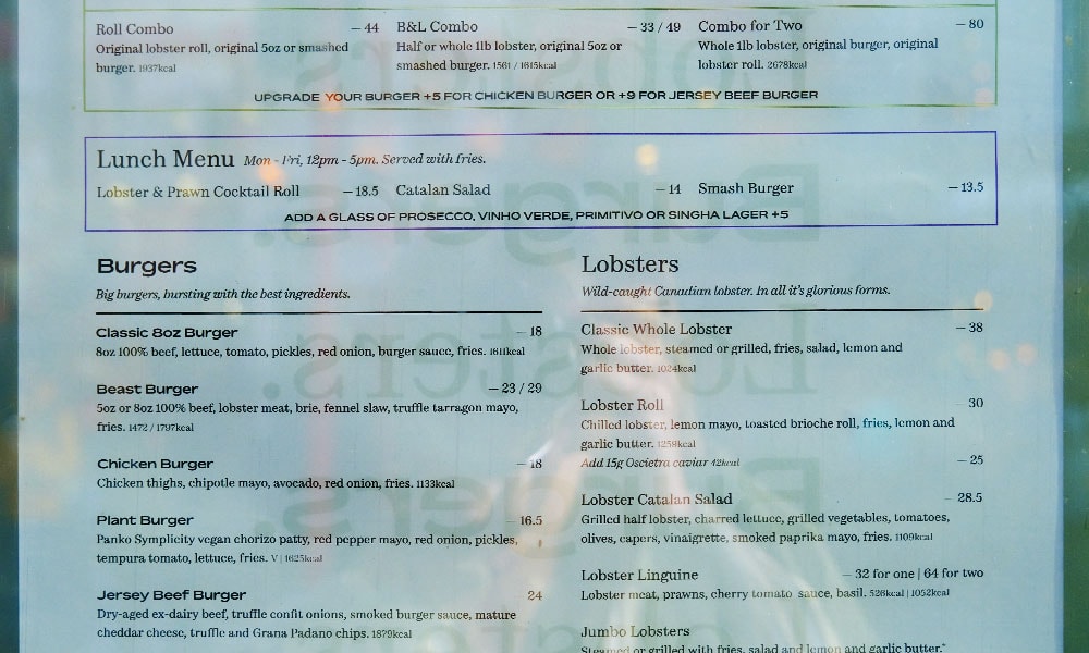 Burger & Lobster菜單