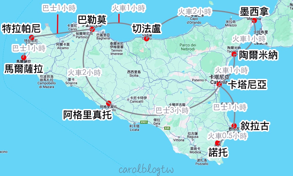 西西里島城市交通地圖