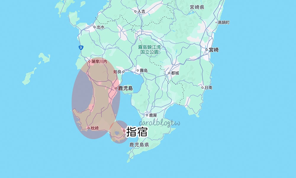 薩摩半島指宿標示在地圖上