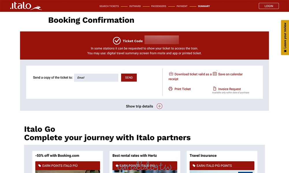 italo 購票完成畫面