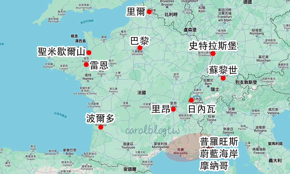 法國瑞士城市地圖