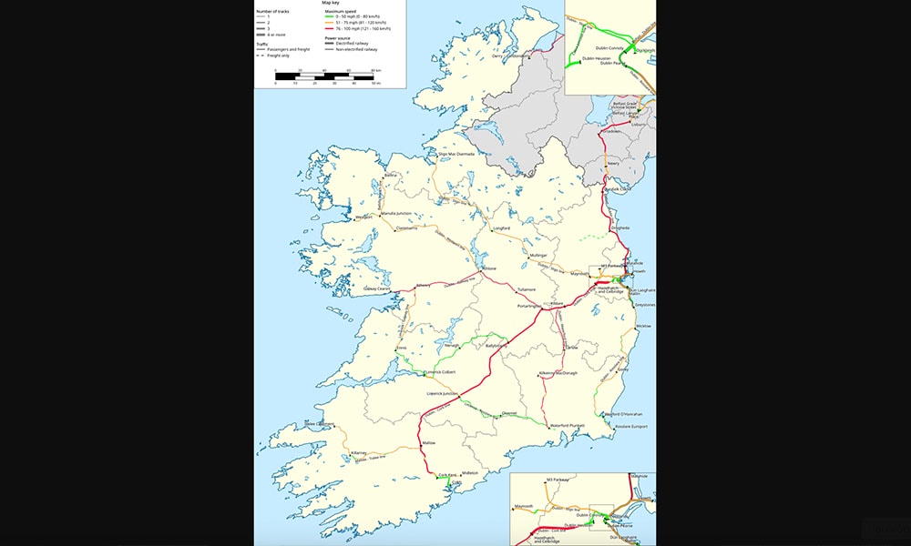 【愛爾蘭鐵路攻略】購票教學、便宜車票查詢、路線、實際搭乘火車 - 第2張圖 愛爾蘭火車路線圖