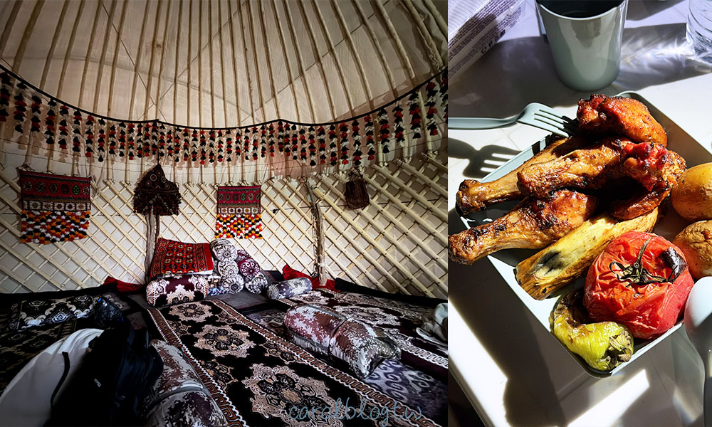 土庫曼地獄之門露營帳篷內部 晚餐